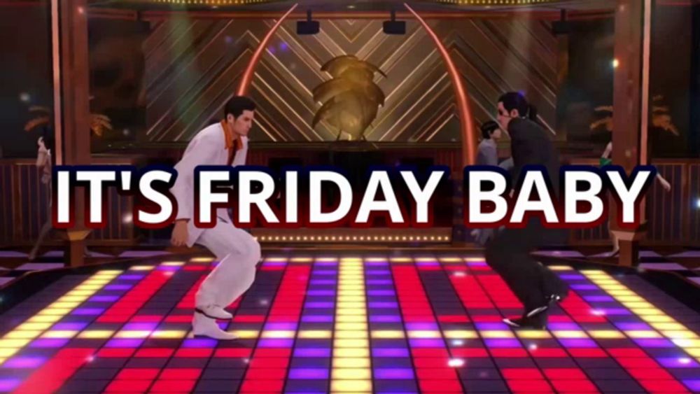 two men dancing on a dance floor with the words it 's friday baby