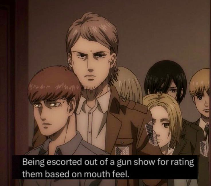 Image of Floch Forster being escorted away by Jean and others with the caption “Being eacorted out of a gun show for rating them based on mouth feel”