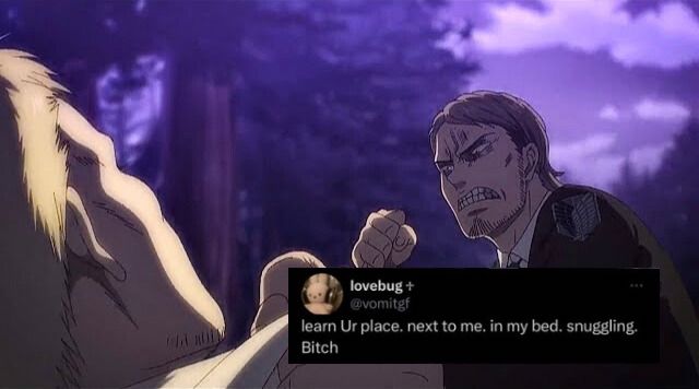 Image of Jean raising his fist to punch Reiner with the caption “learn Ur place. Next to me. In my bed. Snuggling. Bitch”