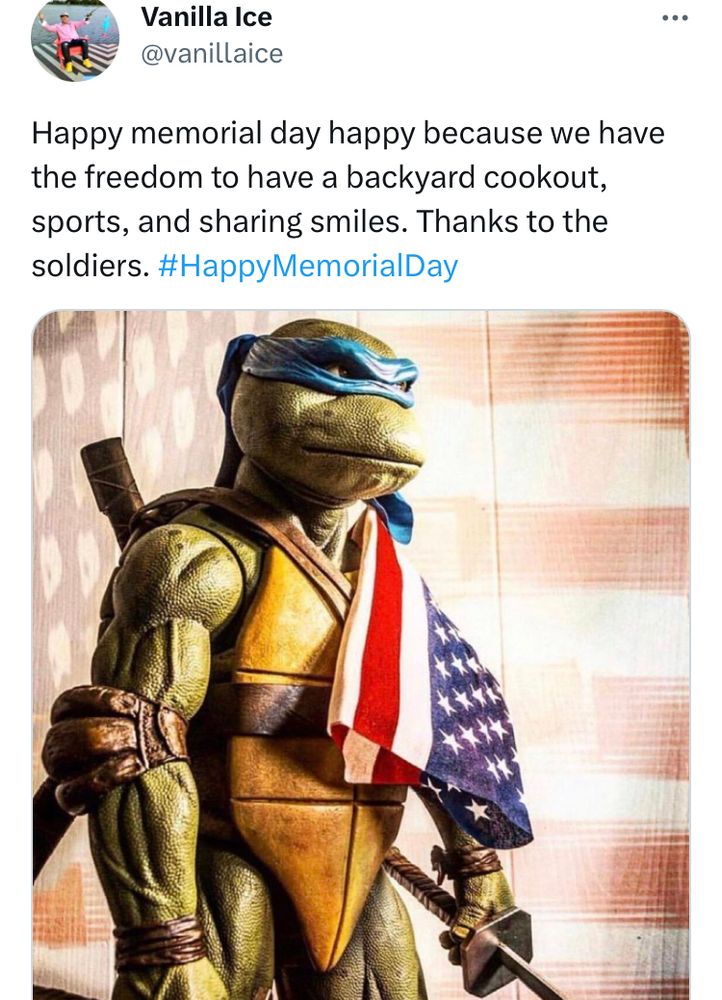 Vanilla Ice @vanillaice
Happy memorial day happy because we have the freedom to have a backyard cookout, sports, and sharing smiles. Thanks to the soldiers. #HappyMemorialDay

Then it’s a ninja turtle 