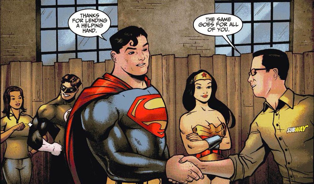 Superman shaking Jared Fogle’s hand 