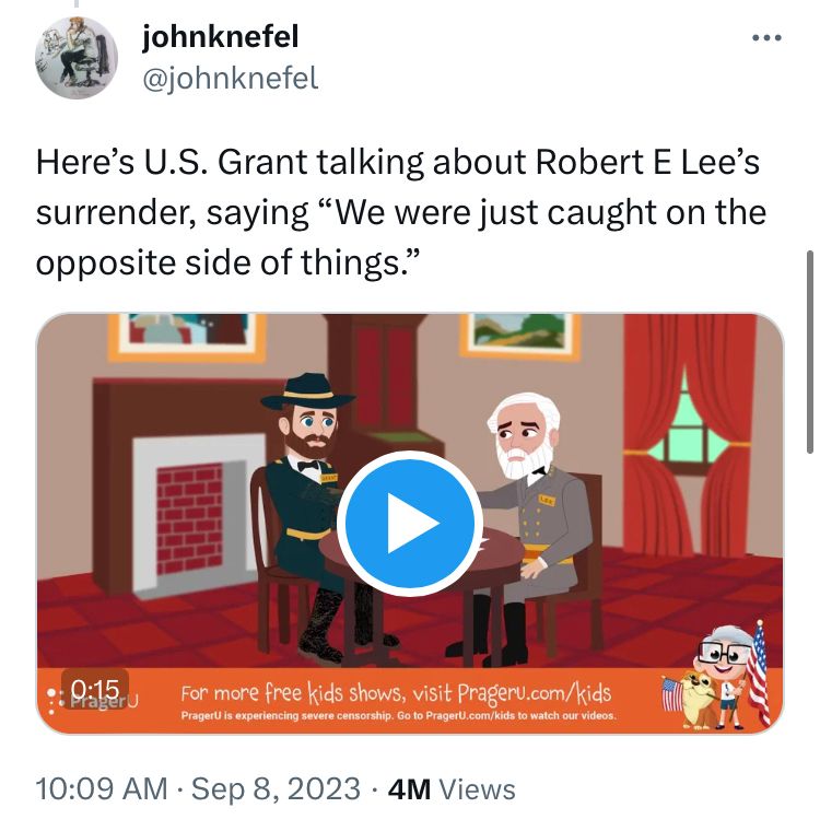 johnknefel
@johnknefel
Here's U.S. Grant talking about Robert E Lee's surrender, saying "We were just caught on the opposite side of things."