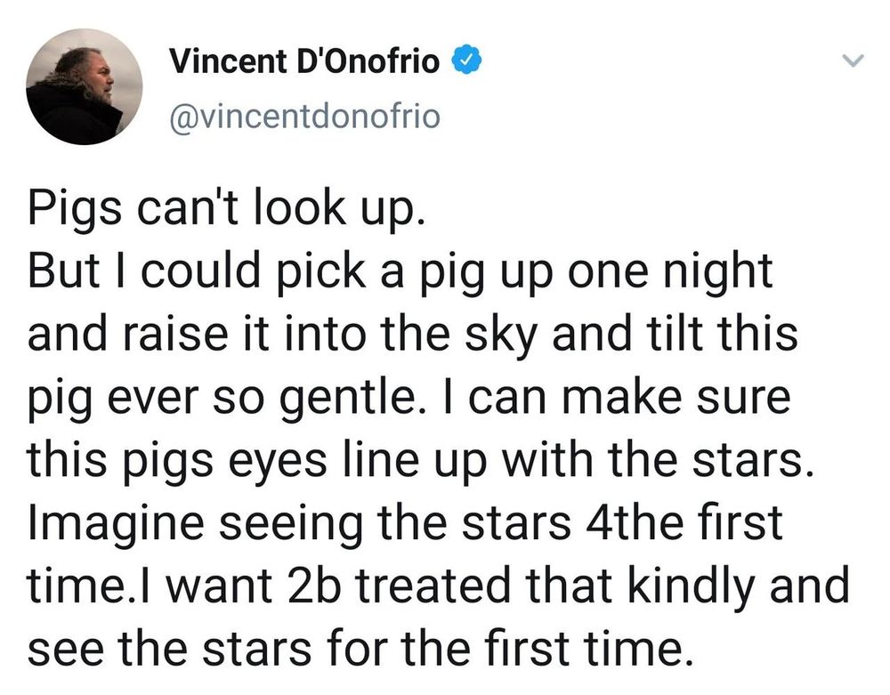 Vincent D'Onofrio &
@vincentdonofrio
Pigs can't look up. But I could pick a pig up one night and raise it into the sky and tilt this pig ever so gentle. I can make sure
this pigs eyes line up with the stars. Imagine seeing the stars 4the first time.l want 2b treated that kindly and
see the stars for the first time.