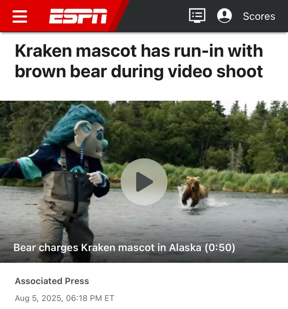 Kraken mascot has run-in with brown bear during video shoot

And the bear is charging this blue troll guy