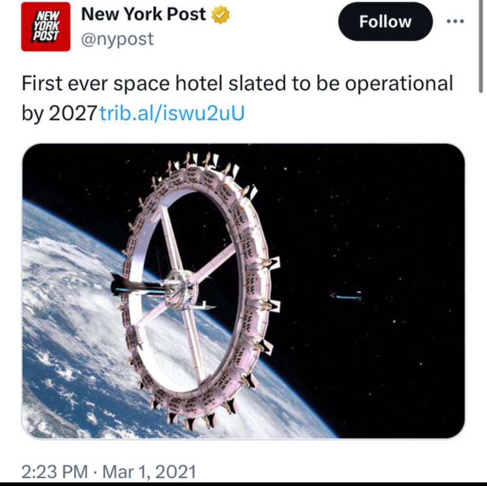 New York Post @nypost
Follow
•••
First ever space hotel slated to be operational by 2027trib.al/iswu2uU 