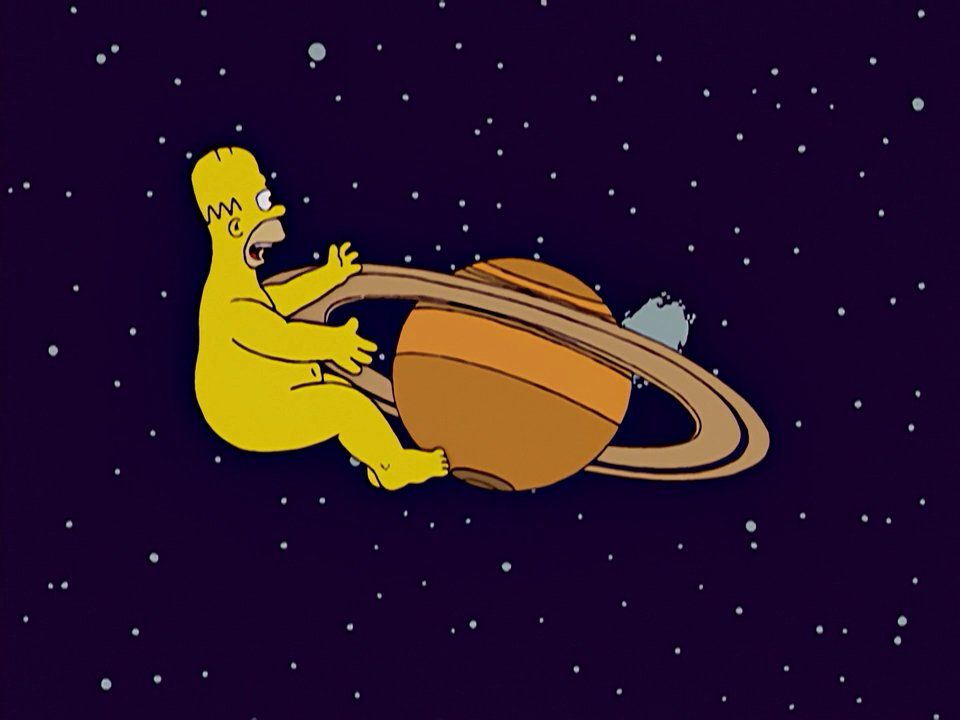 A nude Homer caressing the rings of Saturn 