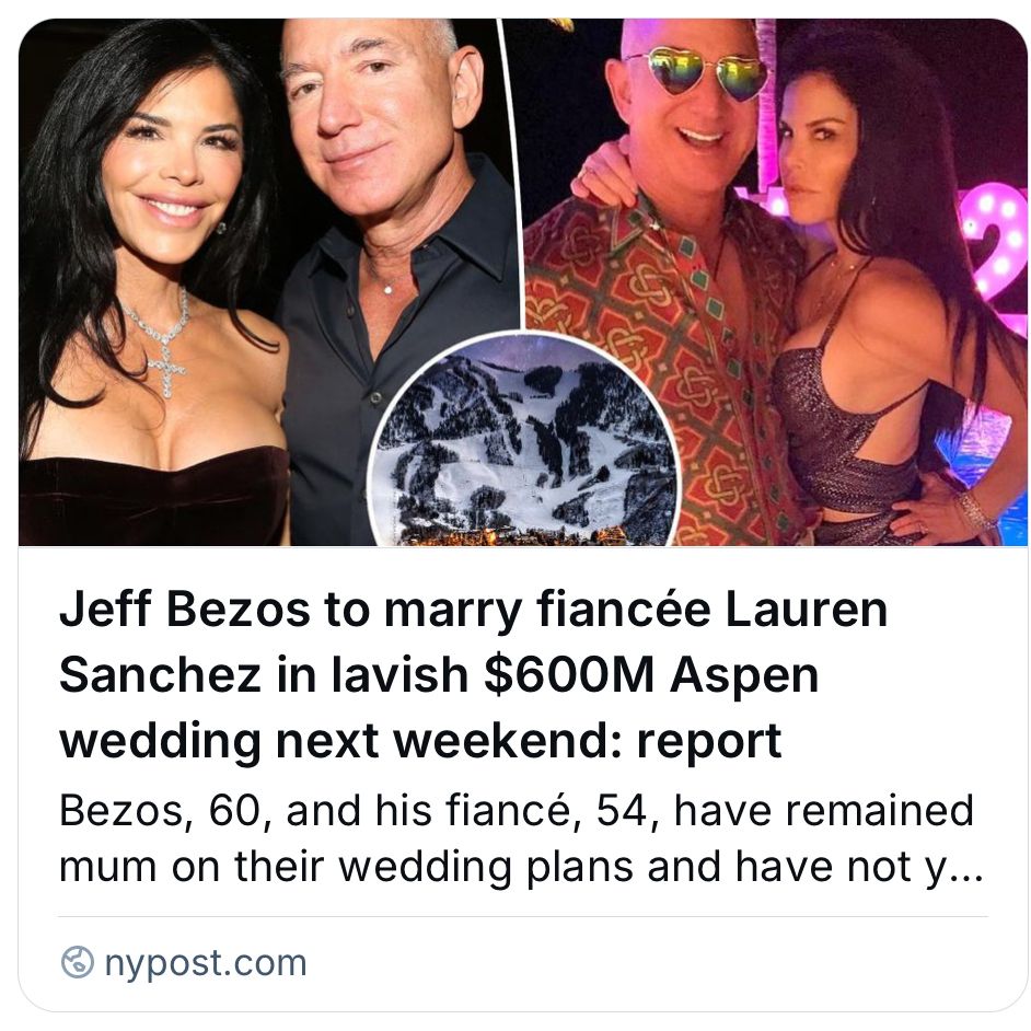 Jeff Bezos to marry fiancée Lauren Sanchez in lavish $600M Aspen wedding next weekend: report
Bezos, 60, and his fiancé, 54, have remained mum on their wedding plans
