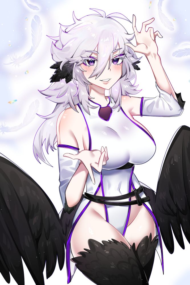 A harpy with messy weight hair doing a Patented-Anime-Pose-TM. Her feathers are black, her eyes are purple. She is wearing a 2-panel anime-fantasy-style outfit. It is adorable. Also she looks very confident~