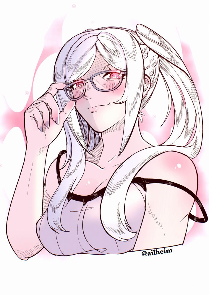 Grima looking at the viewer while fixing her glasses