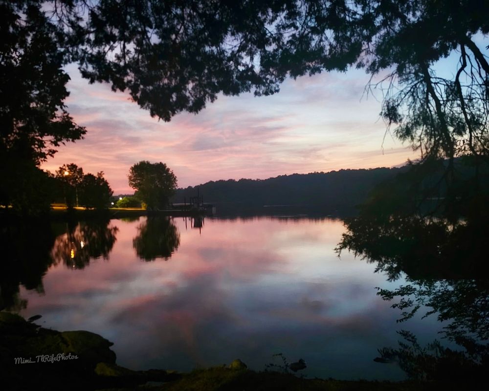 A photo taken in East Tennessee in July 2025 as the sun is coming up on Fort Loudon Lake. The sky has colors of pink and white, and the water is reflecting the same colors. Green trees surround the lake and are also reflecting off of the water.
