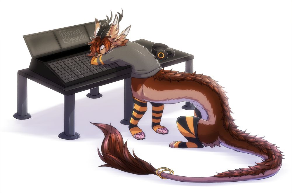 A brown noodle dragon taur, asleep on a generic console of some sort, with headphones nearby. Pretend it's a lighting console.