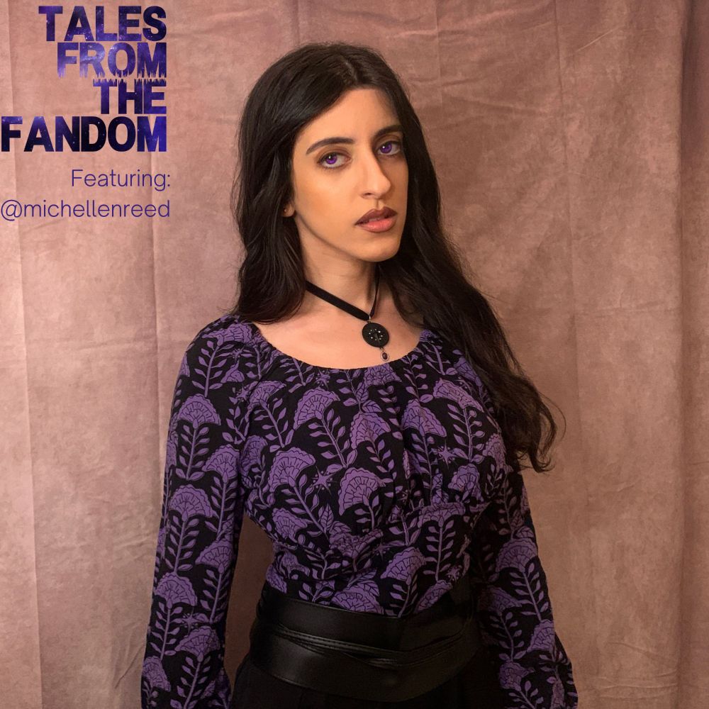 Photo of Michelle Reed dressed in a purple and black top with black pants, as a casual Yennefer look from The Witcher. Tales from the Fandom podcast logo in the top left corner.