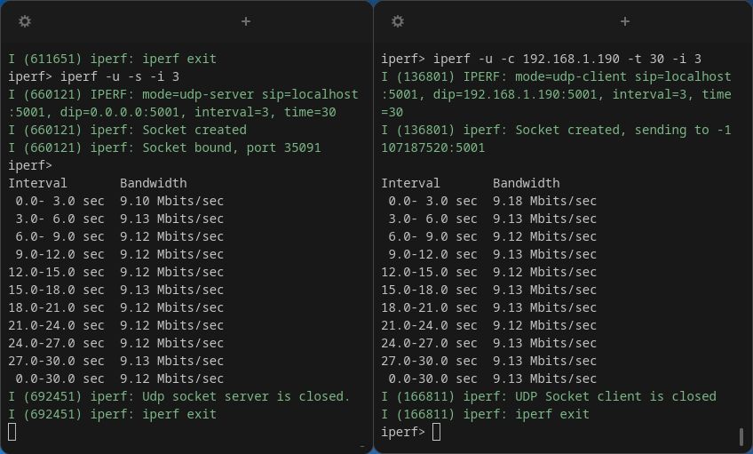 Two terminals side by side, one running the ESP-IDF `iperf -u -s -i 3` and the other `iperf -u -c 192.168.1.190 -t 30 -i 3`, showing a 30s average of 9.12 Mbits/sec on the server (receiving) side.