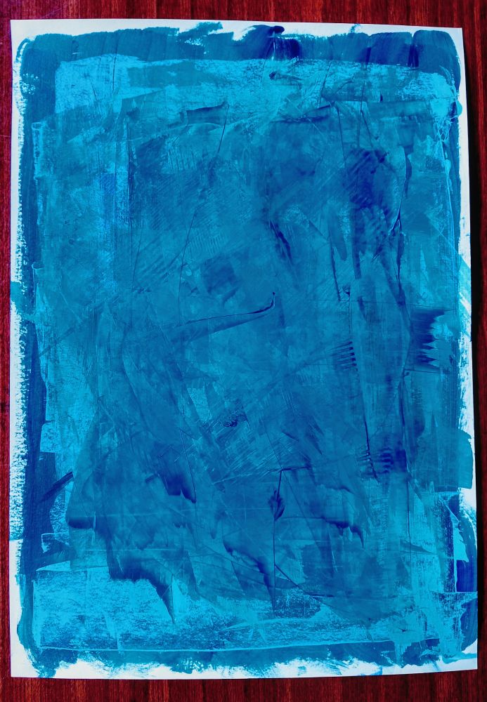 Textured abstract painting in multiple shades of blue acrylic.
Talksy '25