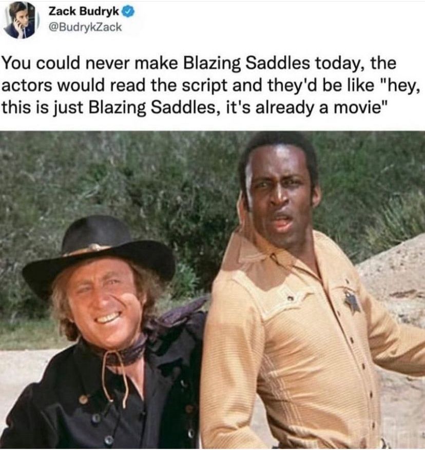 You could never make Blazing Saddles today, the actors would read the script and they'd be like 