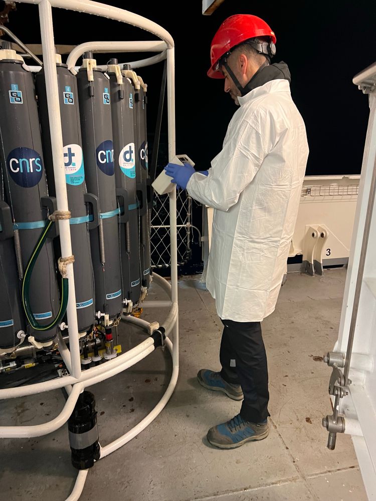 Rosette for water sampling being checked for radioprotection 