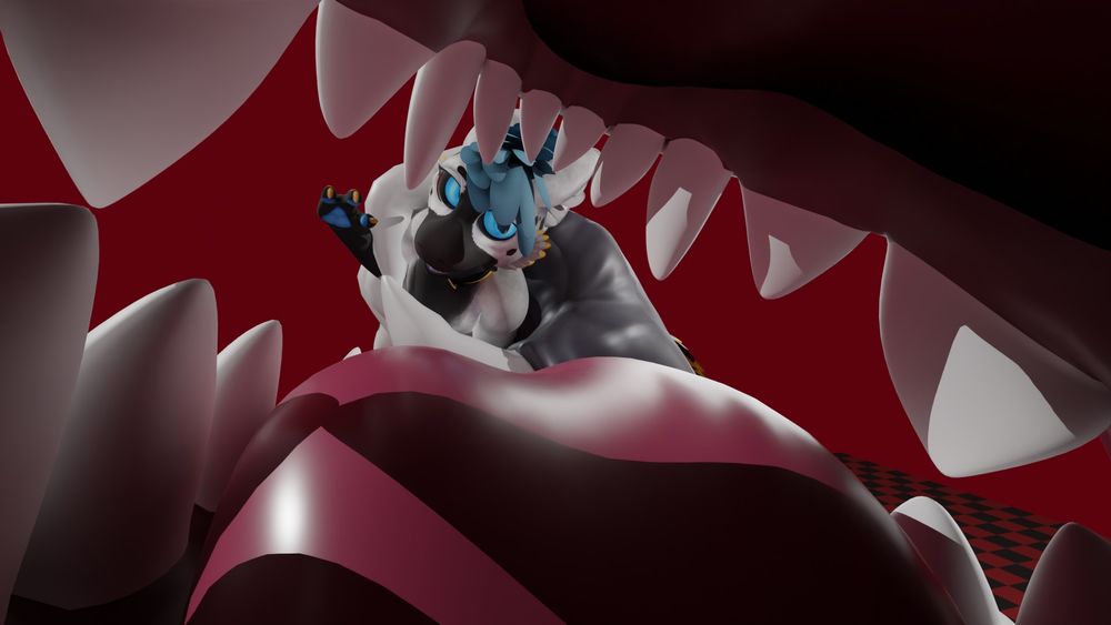 A hyena flavoured avali firmly gripped towards an open toothy mouth.