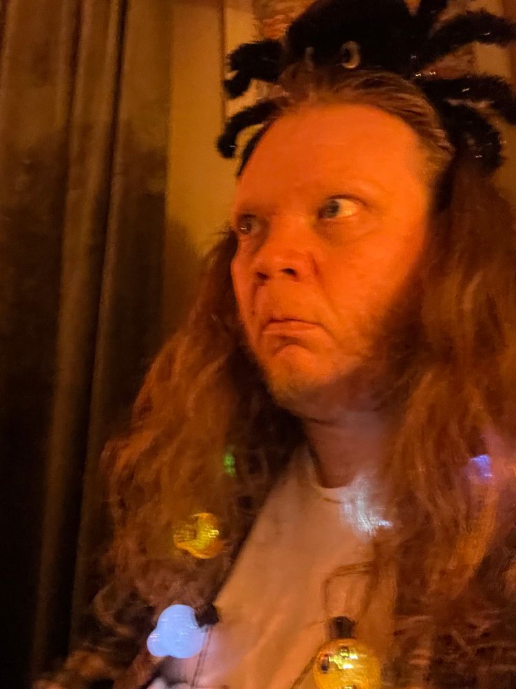 Meg i rutete flanellskjort og gudalikt utslått hår (naturlege korktrekkarar, veit ikkje om eg har namnt det?). Eg har eit kingelmor-hårband på hovudet og ei lyslenke med hovudskallar i gilde fargar som kjede. Eg sperrar opp auga og får liten tenkemunn.