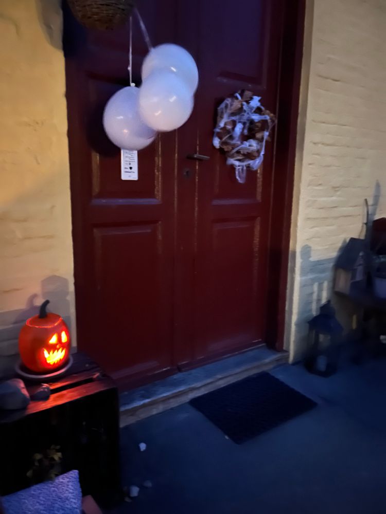 Bilde av dobbeltdørene ved inngangen. Ei graskarlykt står på ei trekasse attmed døra. På døra heng det tre kvite ballongar MED BLOD PÅ, og ein haustkrans med kingelvev på.