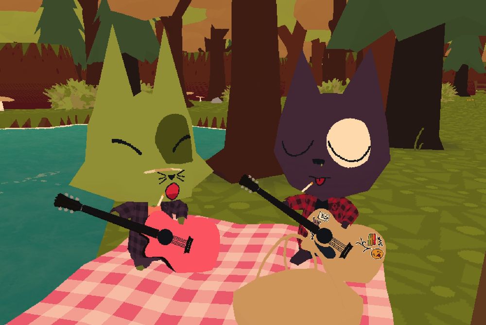 Two cuties in the game webfishing picnicking and playing guitar.