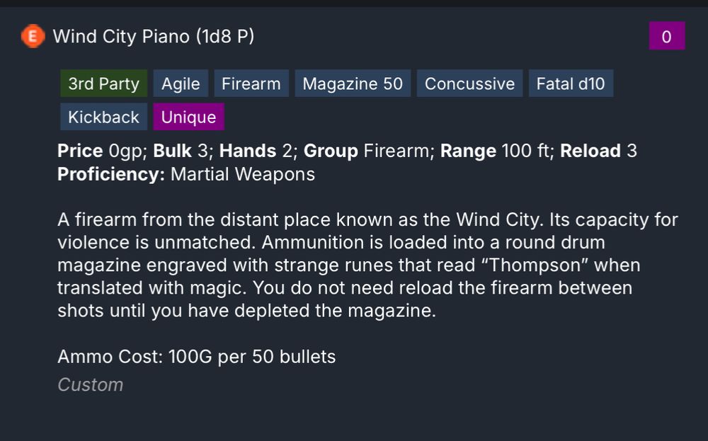The “Wind City Piano” a conversion to add the Thompson sub machine gun to Pathfinder 2e.