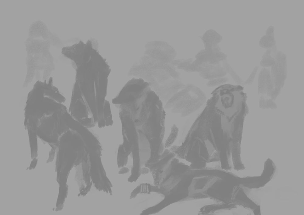greyscale sketch of a scene featuring wolf's rain characters. Cheza (top left blob) pets and comforts Blue, sitting apart from the group and next to Quent/Pops (the blob to the right). He's slumped over with his hat tipped downwards as he sleeps. To his right are Hubb (who's tending to Quent) and Cher (who's holding Hubb's other hand). Kiba on the left overlooks the pack and human companions, while he walks towards Cheza. In the middle, Tsume playfully baps Toboe (who is laying down rather than sitting or standing) on the head as a teasing older brother would; both their tails are wagging. To the right of Tsume is Hige, sitting between the humans and the pack, yawning and making a silly face. Not a very detailed image, all the wolves are darker grey and are more detailed, while Cheza and the humans are lighter grey vaguely character shaped blobs for composition purposes. 