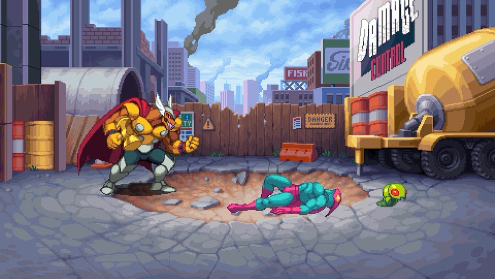 A screenshot of Marvel Cosmic Invasion, showing Beta Ray Bill standing over a defeated Beetle.