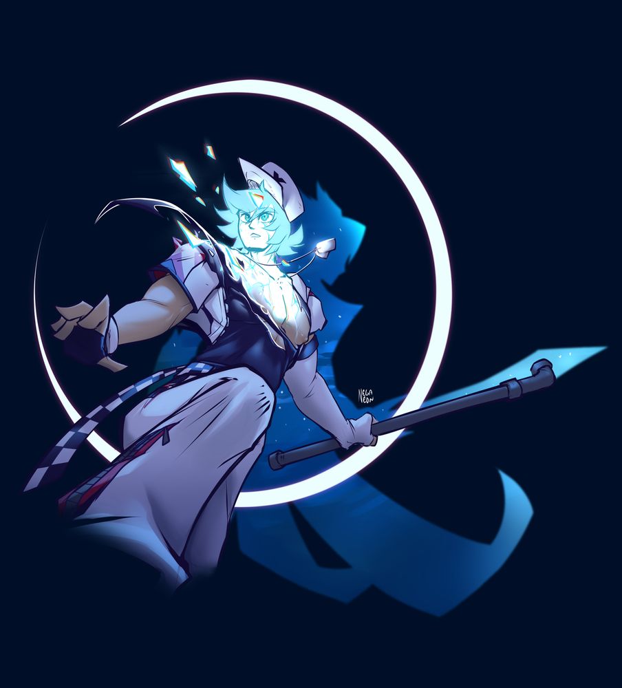 Rolandis in front of a waxing crescent moon, holding his main weapon (a pipe). His upper body is cracked like glass & peeled. There is a silhouette of a sword wielding figure filled with the night sky.