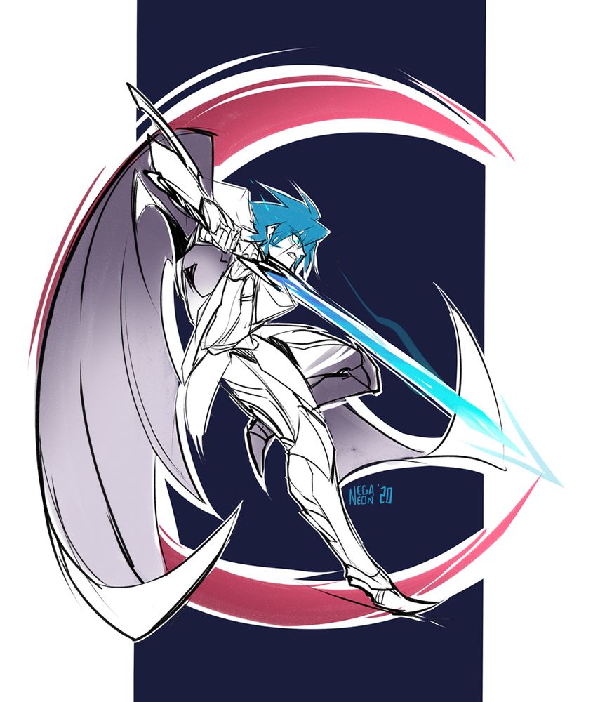 A sketch of the Lunar Knight with his sword bared and a tear trailing past his eyes - the only color is the blue in his hair, eye, and blade. He wears a full suit of armor with a pleated cape that is split down the center to look like wings. A waning crescent blood moon is behind him.
