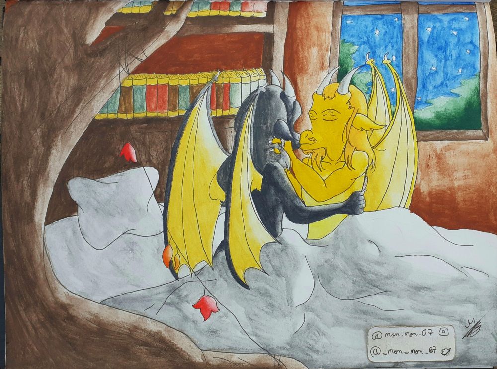 My OCs Darknie et Goldie. Two dragon mans kissing in a bed