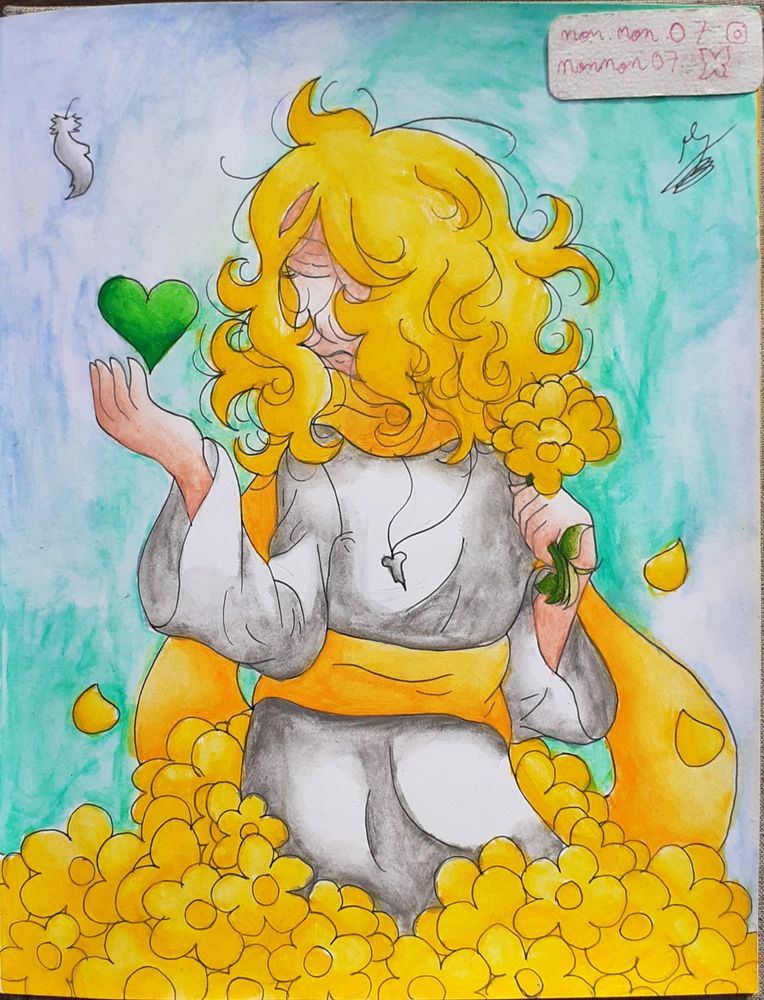 My OC Illumina. A girl with blond hairs and white clothes in golden flowers 