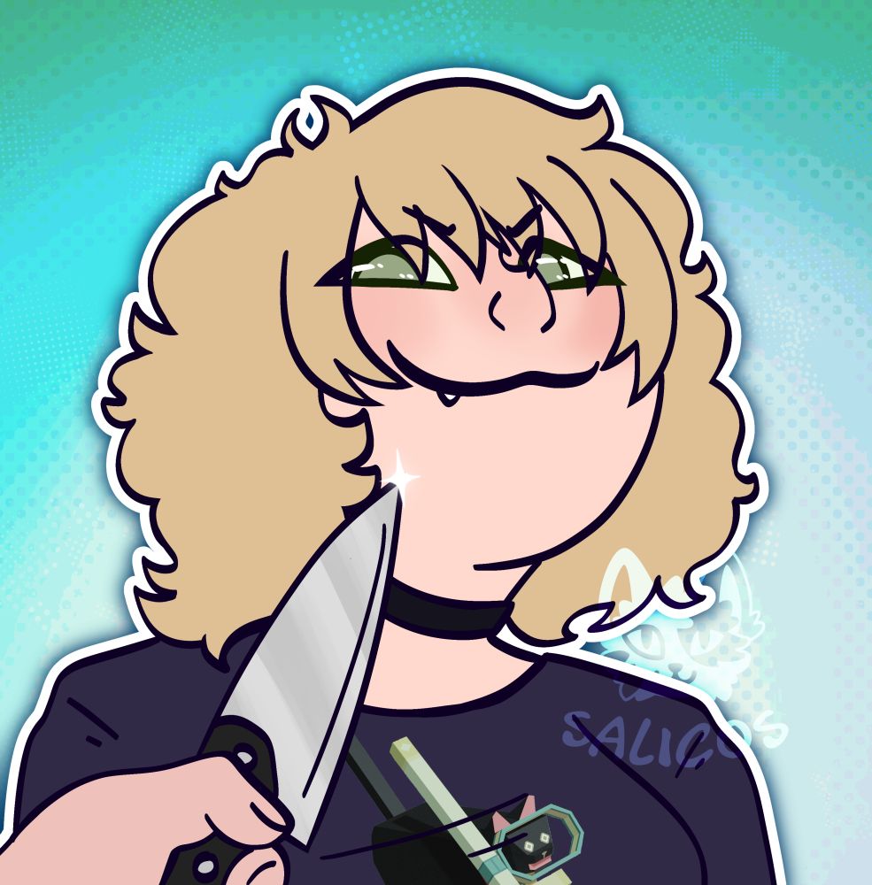 A knife pointed at a girl with fluffy shoulder-length blonde hair, who is making a mischevious face.