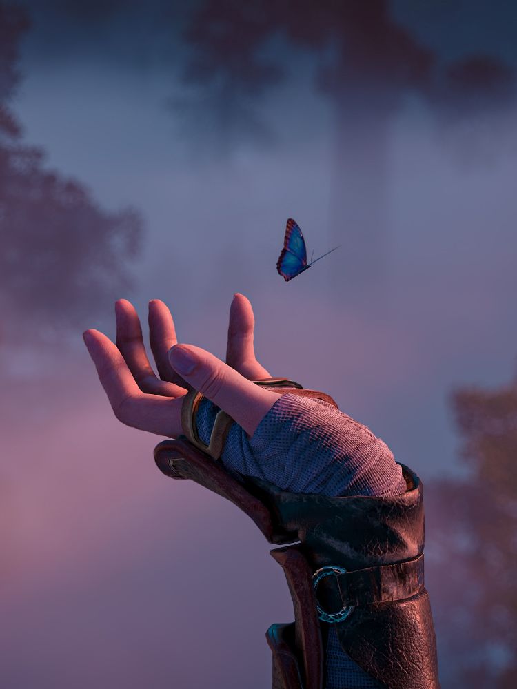 Aloy's hand raised upwards, almost touching a blue butterfly