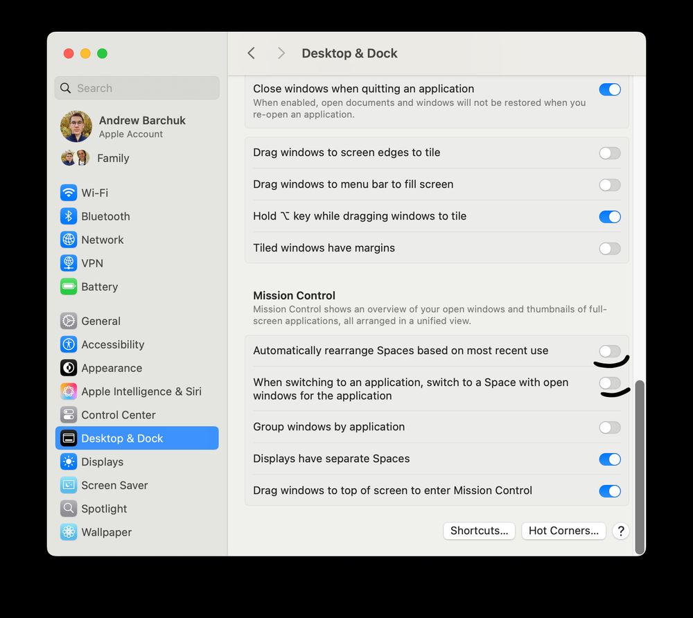 macOS Mission Control settings