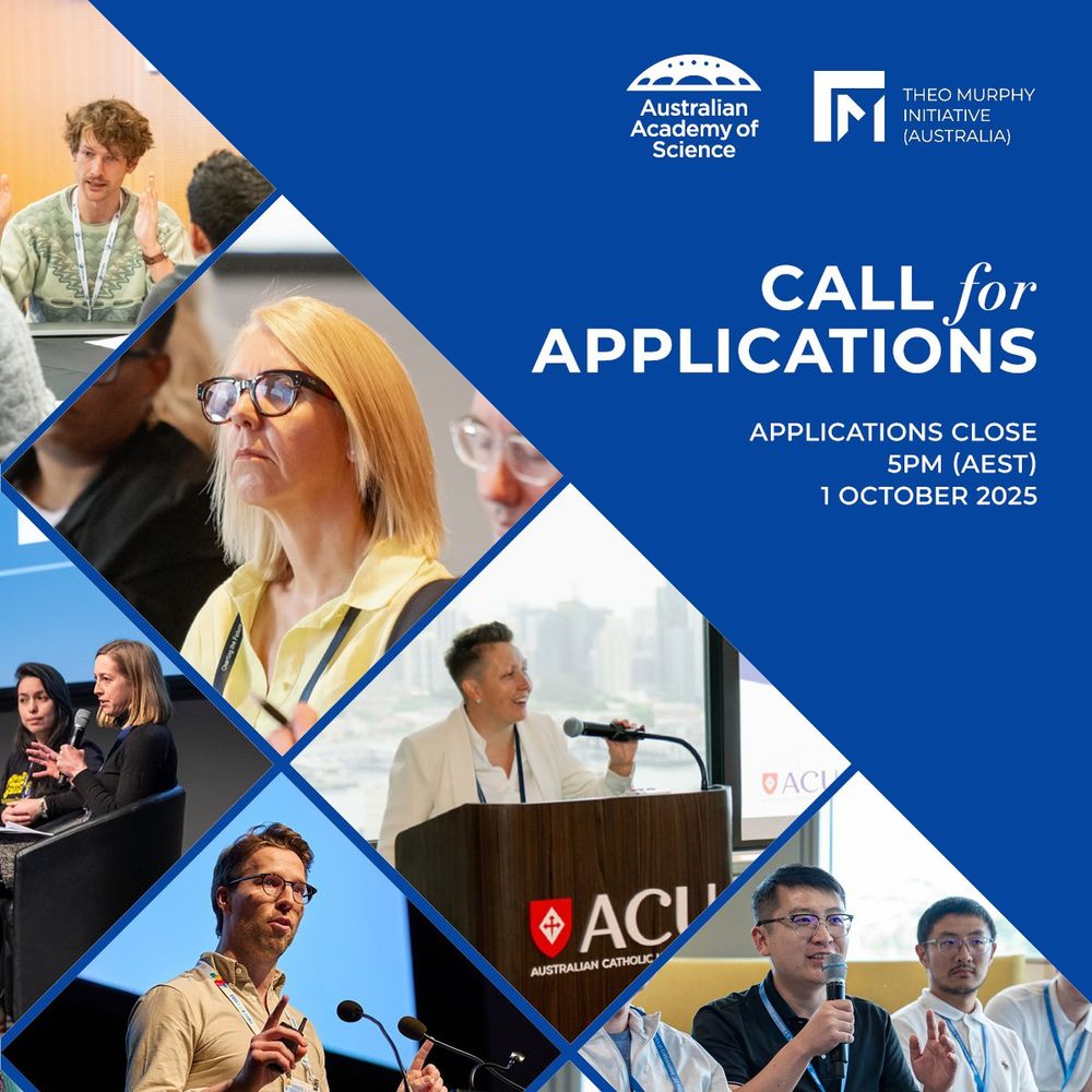 Promotional graphic for the Australian Academy of Science and the Theo Murphy Initiative (Australia) featuring a collage of eight diverse speakers engaging in scientific discussions, with text inviting applications before 1 October 2025.
