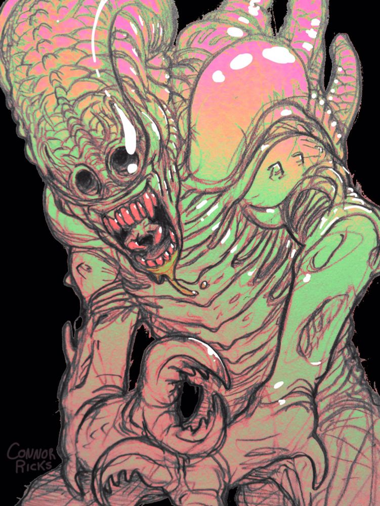 Drawing of Giger's Alien (from the film 'Alien') with traits of the Metaluna mutant (from the film 'This Island Earth') - an eyeless, skeletal, biomechanical monster with pale iridescent skin.