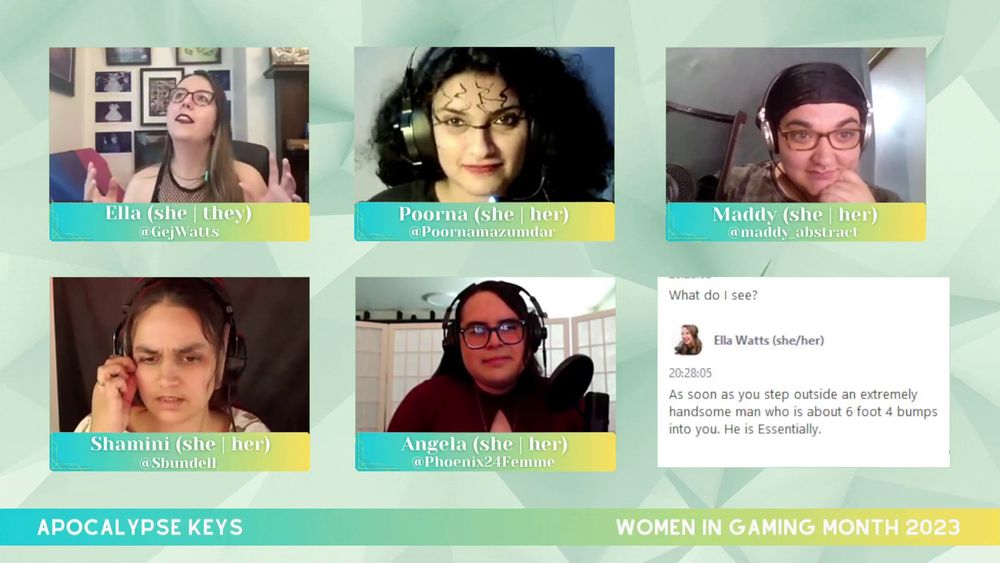 Screenshot of a TTRPG AP. 5 participants. All are femme, 3 are POC.