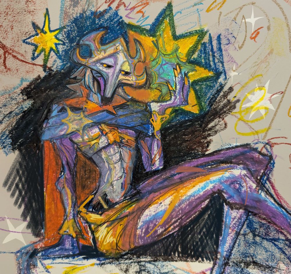 sketchy oil pastel drawing of arcane herald sitting back with his hand raised. The figure is colorful and more detailed, while the background is sketchy and unfinished with starburst shapes.