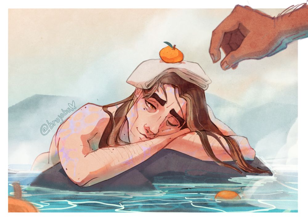 colored illustration of Viktor from arcane lounging on some rocks in a hot spring. He is resting his head on his crossed arms, with a towel and mandarin orange perched on his head. Viktor is smirking and glancing at Jayce's hand on the edge of the frame, suggesting he just placed the orange on his head.