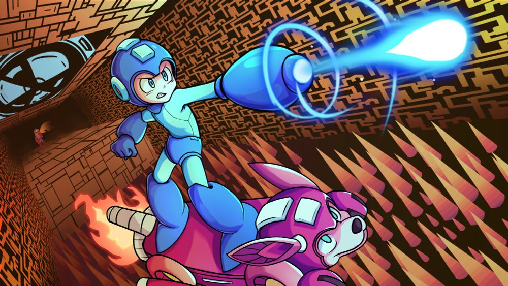 Megaman while shooting is advancing through a floor of spikes thanks to rush while protoman sees him from afar.