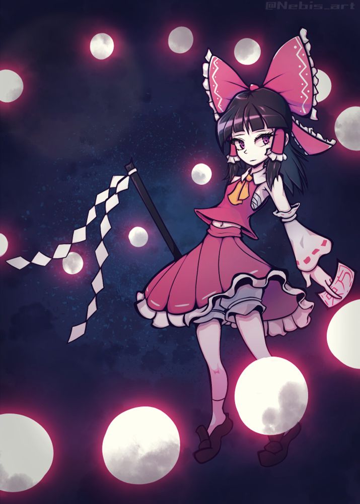 Hakurei Reimu in the air during the night surrounded by energy bullets