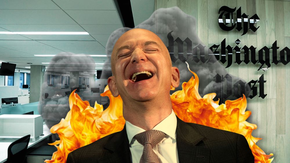 a picture of a laughing jeff bezos in front of an empty washington post newsroom. there are flames and smoke coming from bezos' ass
