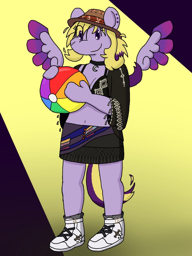 Purple anthro pegasus wearing black decorated bikini top, matching jacket, and black decorated skirt, white sneakers, holding a beach ball.