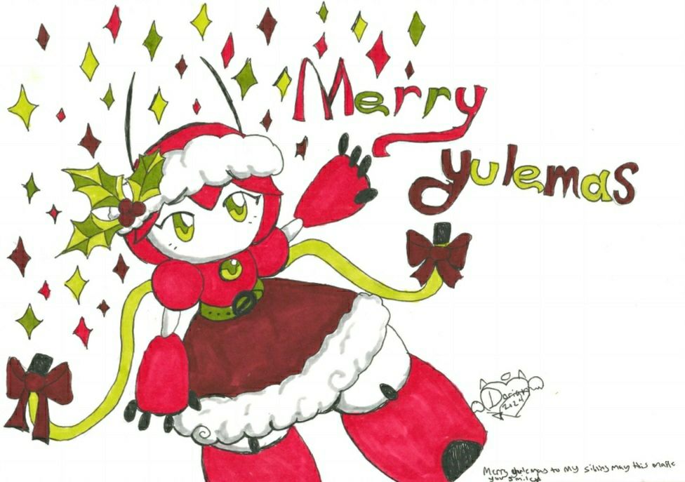 Christmas/Yulemas themed drawing of a little red and white robot. Robit has a more retro anime vibe.
