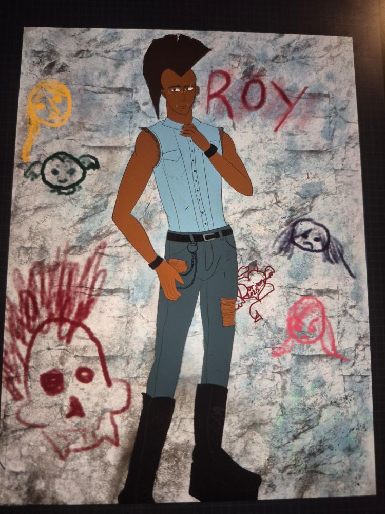 Art of my punk character roy he is very tall and thin. All denim outfit of jeans and a vest. He has a Mohawk and tall boots. He has facial scaring from a car accident that ripped out his piercings.