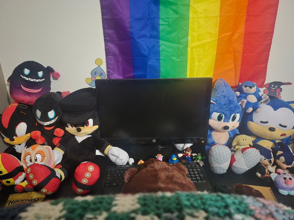 A computer desk close up with a cluster of sonic plush on each side of it. With a gay flag backdrop.