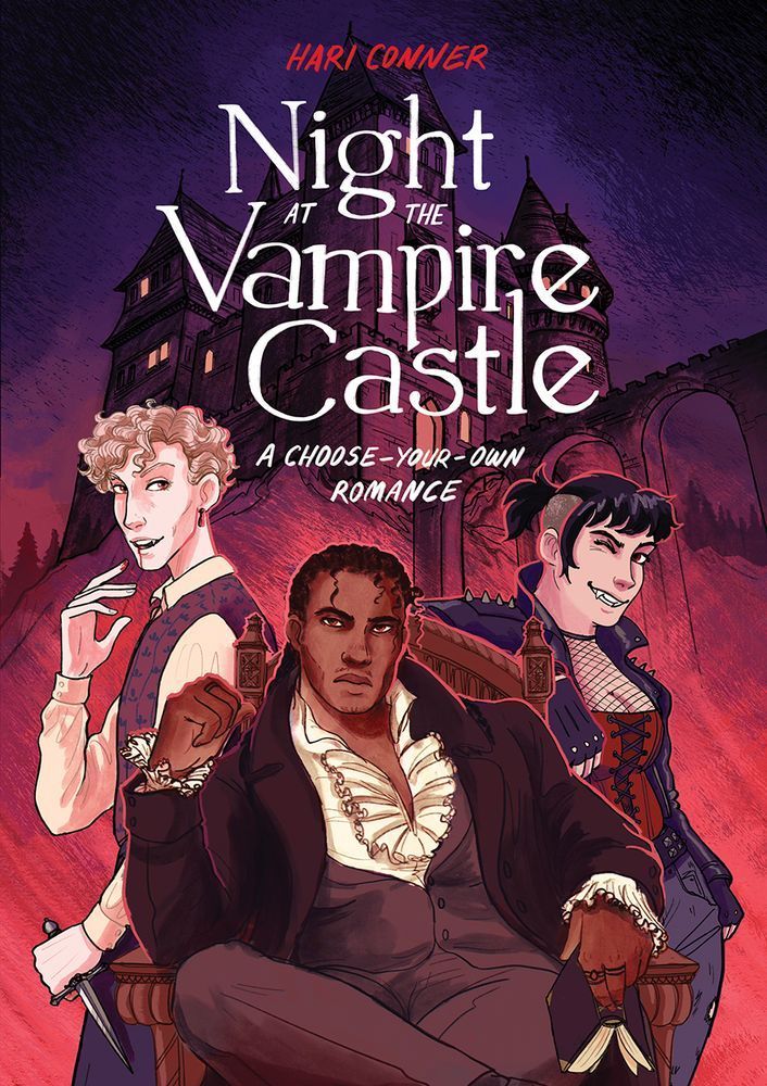 Cover for 'Night at the vampire castle, a choose-your-own romance' by Hari Conner. A purple, pulpy illustration with three vampires in front of an ominous castle