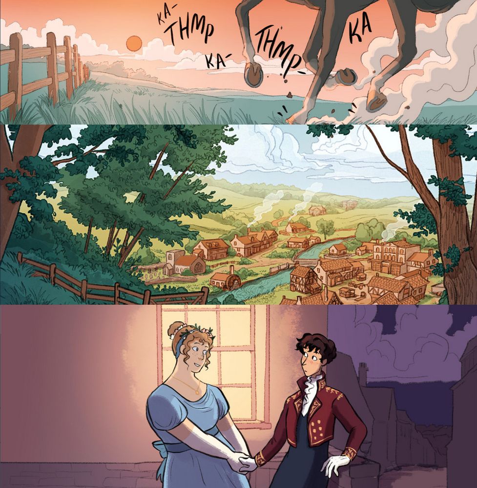 Vibey illustrations from I Shall Never Fall in love: a horse galloping across a sunset field, a historical english village, two queer teens having a romantic moment outside a dance