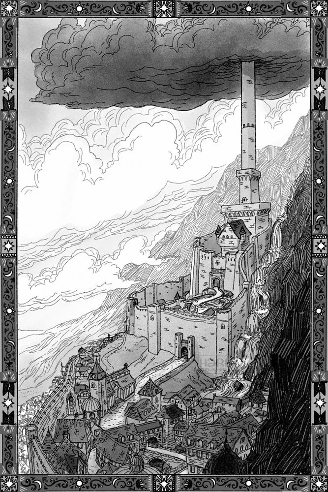Black and white drawing from 'into the tower' of a ridiculously tall tower at the top of the steep-sloped mountain city, its top extending into dark clouds. It's in a medeival motte and bailey type castle in a fantasy city full of wee detailed buildings, and a frame with magic symbol type stuff - the style is giving a bit of old school pen and ink / etching-y vibes.