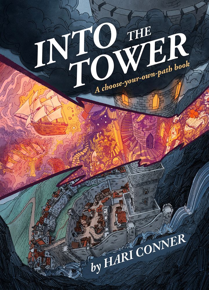 illustrated cover of 'into the tower: a choose your own path book' by Hari Conner. A ridiculously tall tower circled in clouds seen from above with a stone medeival city below, and a big jagged colourful strip in the middle with weird magic stuff like flying ships and Creatures
